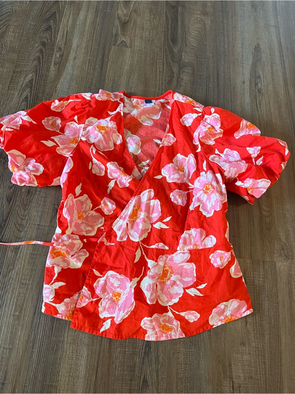 Old Navy Red Floral Wrap Top with Pink Blooms
